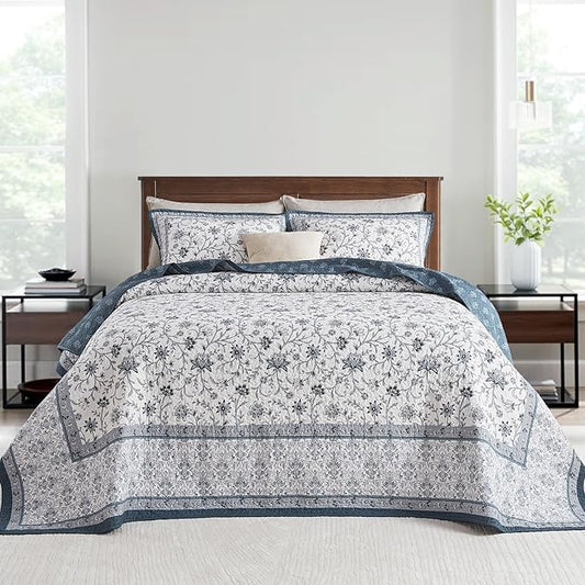 Oversized King Bedspreads 120"x120" - 100% Cotton California King Quilt, Farmhouse Blue Floral Pattern, Extra Large Quilted Coverlet, Lightweight Reversible XL Bedding Set, 3 Pcs