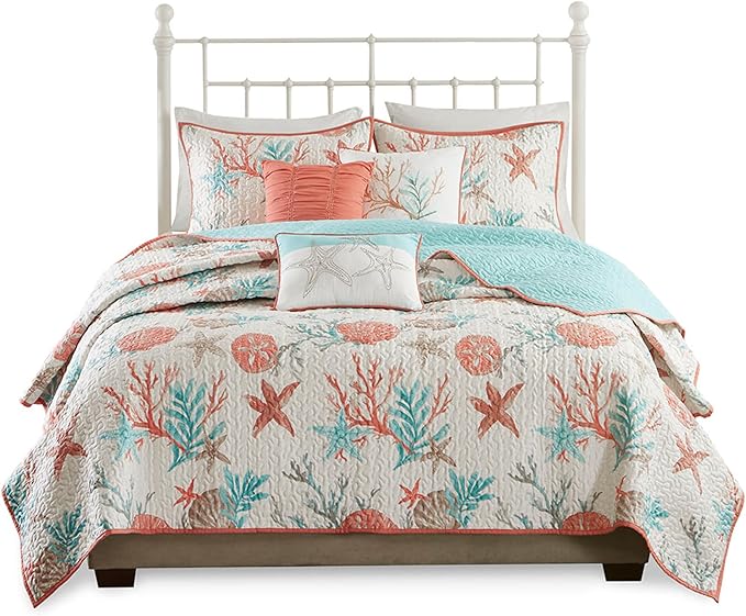 Madison Park Quilt Set Cottage Coastal Design, Starfish Print - All Season, Coverlet Bedspread Lightweight Bedding Layer, Shams, Toss Pillows, Full/Queen(90"x90"), Pebble Beach Coral 6 Piece