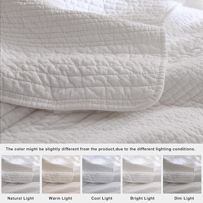 palassio Striped White 100% Cotton Quilt Queen Size Bedding Sets, Lightweight Crinkly Channel Pick Stitch Textured Bedspread Soft Shabby Chic Farmhouse Country Coverlet for All Season, 2 Shams