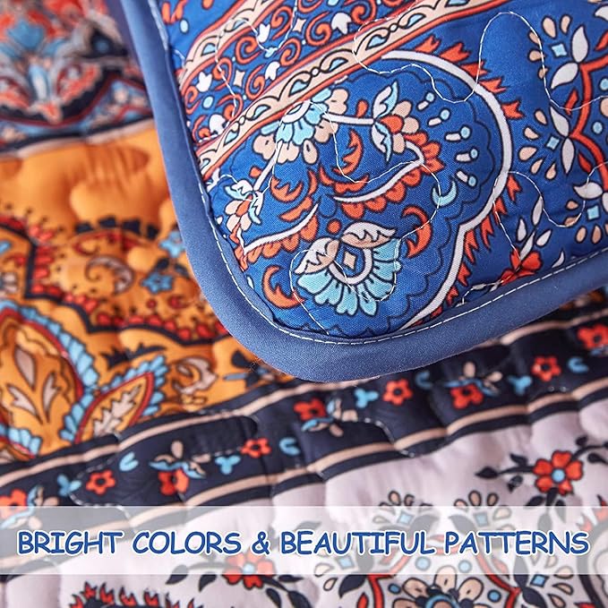 WONGS BEDDING Boho Fall Quilt Full Size, 3 Pieces Orange Blue Bohemian Lightweight Microfiber Bed Decor Bedspread for All Season 78"x90" (Blue Orange, Full)