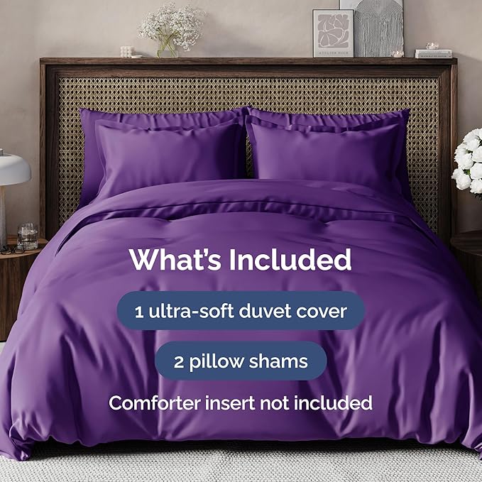 Duvet Cover Full Size - Extra Soft Full Size Duvet Cover - Lightweight, Breathable & Cozy - Easy Care & Fade Free with Zipper Closures & Ties - 80" x 90" Inches - (Purple) Comforter Not Included