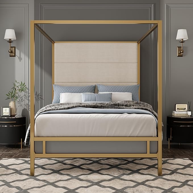 Merax King Size Modern Canopy Bed Frame, with Tall Linen Fabric Upholstered Headboard Metal 4-Poster, Box Spring Needed, Gold + Tan