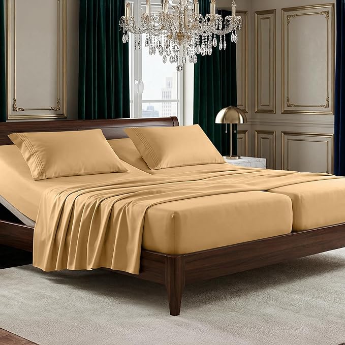 Elegant Comfort Luxurious 1500 Premium Hotel Quality Microfiber Three Line Embroidered Softest 5-Piece Bed Sheet Set, Wrinkle and Fade Resistant, Split King, Gold