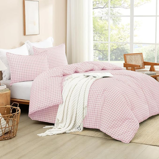 Andency Pink Gingham Comforter Set Queen(90x90Inch), Blush Checkered Grid Plaid Buffalo Bed Set for Girls Boys Kids Teens, 3 Pieces Lightweight Microfiber Geometric Preppy Bedding