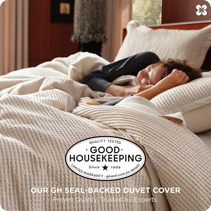 Bedsure Cotton Duvet Cover Full - 100% Cotton Waffle Weave Beige Duvet Cover Set, GentleSoft™ and Breathable Bedding Set for All Season, 3 Pieces, 80"x90"