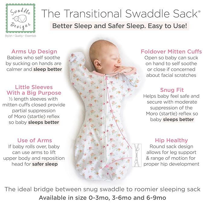 SwaddleDesigns Transitional Swaddle Sack, Arms Up Half-Length Sleeves & Mitten Cuffs, Swaddle for Newborn Transition to Baby Sleep Sack Wearable Blanket, 3-6mo, 14-21 lb, Watercolor Peachy Pink Floral