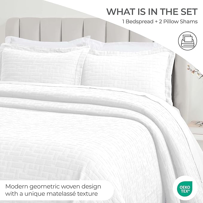 Superior 3 Piece Cotton Bedspread and Sham Set, Home Bed Decor, Decorative Bed Spread, 2 Pillow Shams, Medium Weight, Geometric Matelasse Coverlet, Bedding Essentials, Madrid Collection, Queen, White