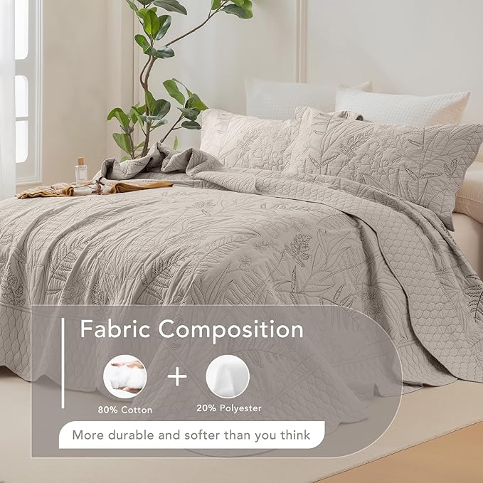 Lady Ann Oversized King Bedspread 128x120, Leaves Pattern Stitching Printed Quilt Set Soft & Lightweight Linen Feel Quilted Coverlet, 3 Pcs Extra Large Botanical Bedding Sets