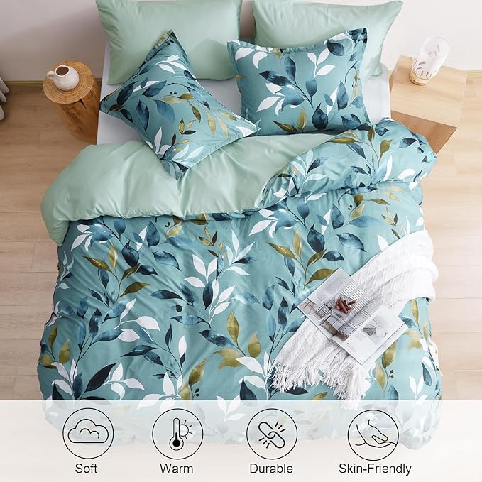 PHF Ultra Soft Floral Duvet Cover Twin Size, Printed Bedding Set 2 Pieces, Comfy Farmhouse Pattern Duvet Cover Set with 1 Pillow Shams, Zipper Closure and 6 Ties, 68"x90", Sage Green Botanical