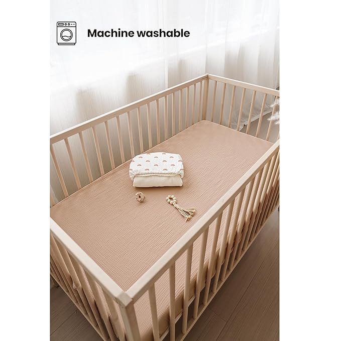 Konssy Muslin Crib Sheets for Girl Boy, 2 PCS Soft and Breathable Cotton Baby Sheets for Standard Crib Mattress, 52"x 28" (Camel, Rainbow)