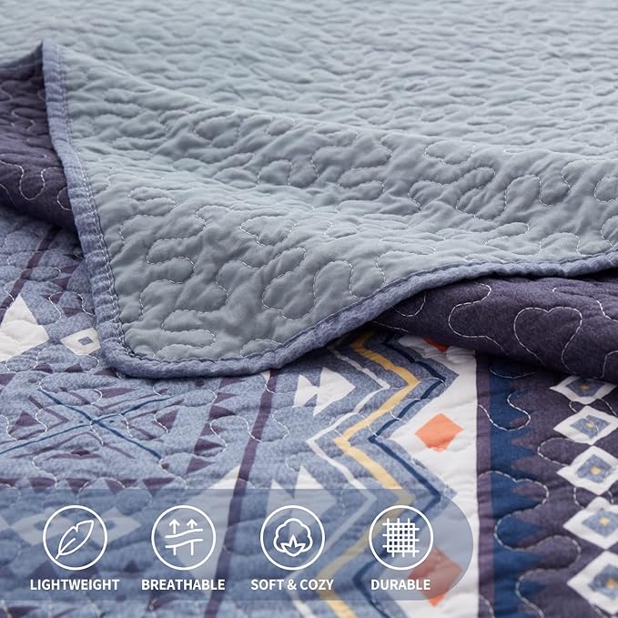 LEAONME Quilt Set Full/Queen Size 3 Piece Bedspread Coverlet Lightweight Comforter Microfiber Bedding Set for All Season Oversized 90x98 Inch Bed Cover Bohemian Navy Blue(1 Quilt,2 Pillow Shams)