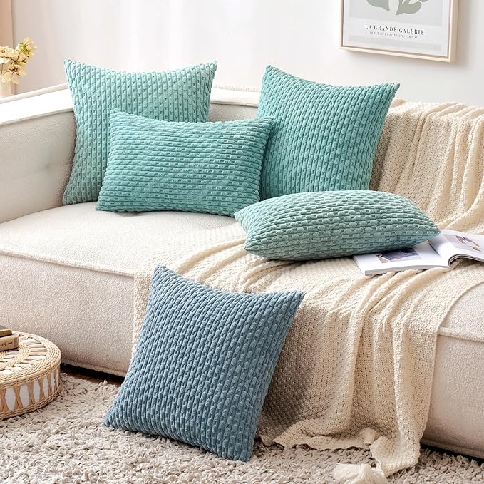 MIULEE Pack of 2 Decorative Throw Pillow Covers 18x18 Inch Soft Boho Striped Textured Corduroy Pillow Covers Modern Farmhouse Home Decor for Couch Bed Sofa Living Room Aqua Green