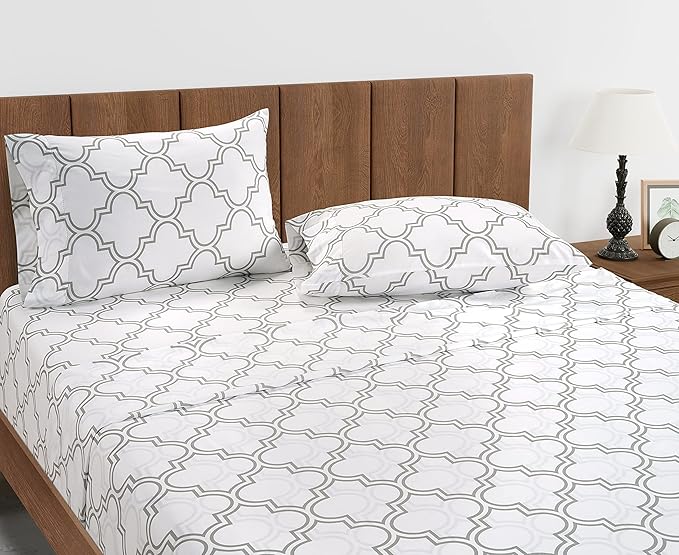 LANE LINEN Twin XL Fitted Sheet, 100% Organic Cotton 2-Piece Set (1 Fitted Sheet,1 Pillowcase),Percale Weave,Bottom Sheet, Soft, Breathable,Fits Mattress Upto 15" Deep - Trellis Silver(No Flat Sheet)
