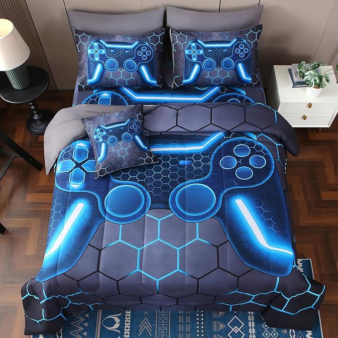 JQinHome Twin Gamer Comforter Set 6 Piece Bed in A Bag for Boys,3D Video Game Bedding -All Season Soft Microfiber Down Alternative Comforter Gamer Bedding Sets for Kids (Blue)