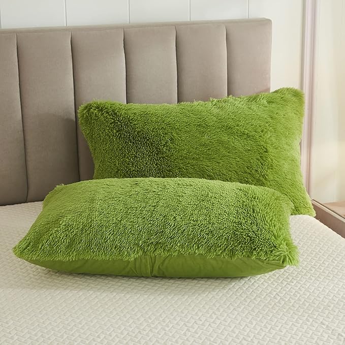 Uhamho Faux Fur Velvet Fluffy Bedding Duvet Cover Set Down Comforter Quilt Cover with Pillow Sham, Ultra Soft Warm (Apple Green, Twin)