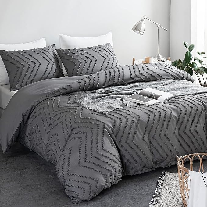 WARMDERN Boho Duvet Cover Set, Tufted Bedding Duvet Covers Soft Washed Microfiber Duvet Cover King Size, 3 Pieces Embroidery Shabby Chic Duvet Cover with Zipper Closure(Grey, King)