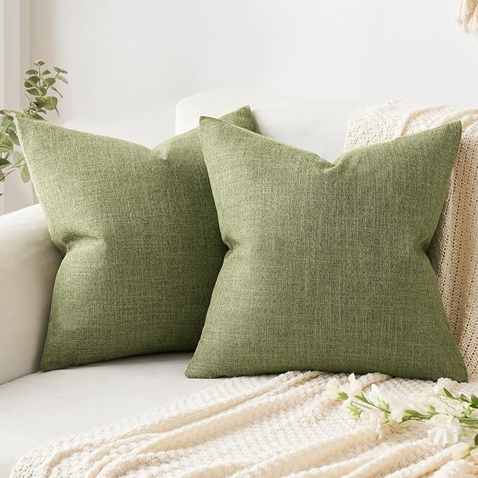 MIULEE Pack of 2 Decorative Linen Burlap Textured Pillow Covers Farmhouse Boho Accent Pillowcases Spring Home Decor for Couch Sofa Bedroom Living Room 18x18 Inch Light Olive Green