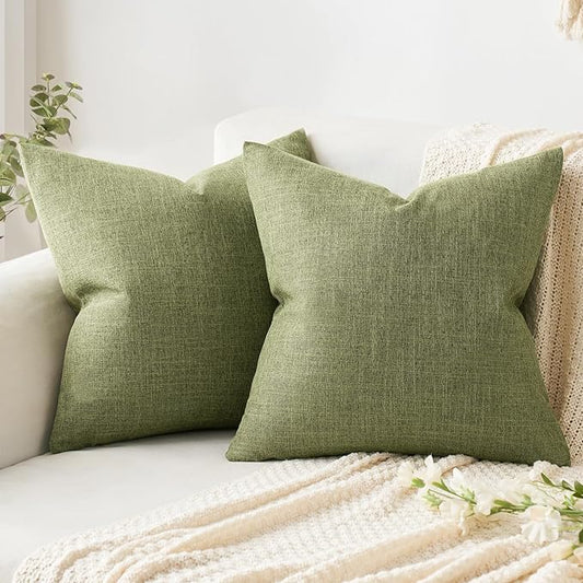 MIULEE Pack of 2 Decorative Linen Burlap Textured Pillow Covers Farmhouse Boho Accent Pillowcases Spring Home Decor for Couch Sofa Bedroom Living Room 18x18 Inch Light Olive Green