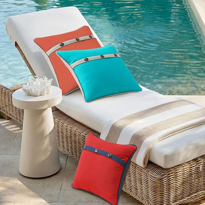 Outdoor Sunbrella Decorative Pillows with Triple Coconut Buttons Pack of 4, 18" x 18" Outdoor Pillow Set for Couch Bed Throw Patio Sofa, Canvas Logo Red/Specrtum Indigo
