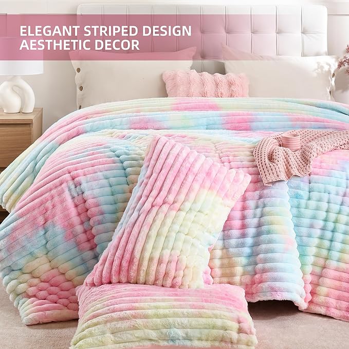 Smoofy Fluffy Full Size Comforter Sets 3 Pieces - Rainbow Fleece Fluffy Comforter Set, Luxury Fuzzy Full Bedding Set, Soft Comforter Full Size All Season, Heavy Faux Fur Comforter with 2 Pillow Cases