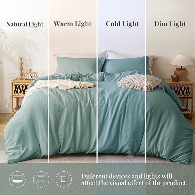 MILDLY Super Soft Duvet Cover - 100% Washed Microfiber Grayish Teal Comforter Cover Set 3 Pieces with Zipper Closure & Corner Ties (No Comforter)