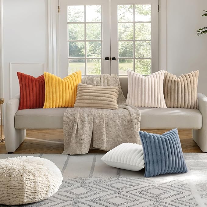 decorUhome Cozy Faux Fur Spring Throw Pillow Covers 20x20 Set of 2 Decorative Soft Plush Striped Modern Farmhouse Boho Couch Pillow Cases with Velvet Back for Sofa Bed Living Room, Cream White