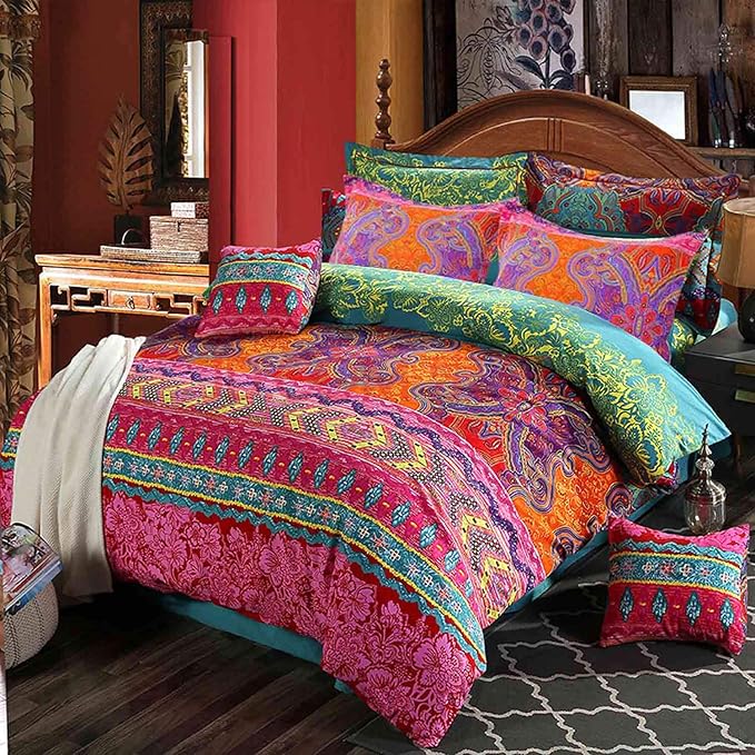 Nanko Twin XL Size Duvet Cover Set Boho Red and Green Colorful Striped Print Luxury Soft Microfiber Bedding Comforter Cover with Zipper Ties - Bohemian Western Bed Sets for Men and Women 2pcs 68 x 90