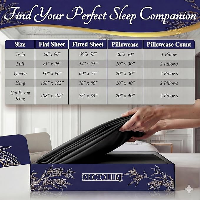 DECOLURE 100% Viscose Derived from Bamboo Sheets Full Size - Luxury 4 Pc Naturally Cooling Sheets, Ultra Soft Bed Set - Deep 17" Pockets, Durable Double Stitching, Oeko Tex Standard (Black)