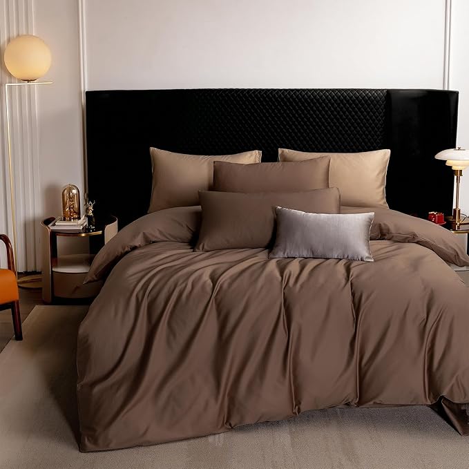 MooMee Duvet Cover Set 100% Extra Long Staple Cotton 600 Thread Count Silky Sateen Smooth Luxury Soft Breathable Durable Hotel Quality Bedding, 3 Pieces (Chocolate Brown, Queen 90"x90")