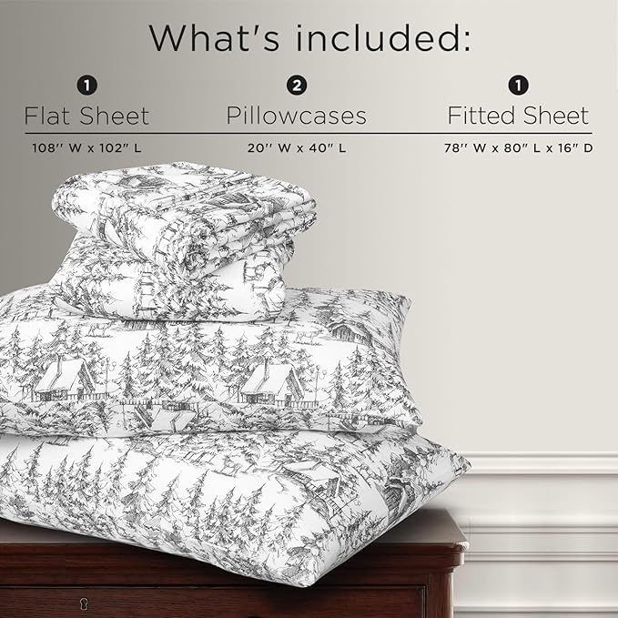 Briarwood Home® Printed Flannel Sheet Set, 100% Natural Cotton, Soft, Warm & Deep Pocket, Advanced Nano-Tech Making it Resistance to Pilling; Brushed 6 Times for Softness (Grey Sylvania, King)