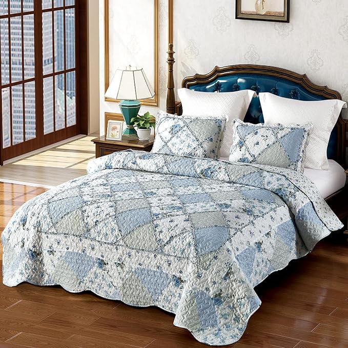 VIVILINEN Blue Floral Patchwork Quilt Set 132x120 Alaska King Size Bedding Set 3-Piece Extra Wide Super King Size Rversible Quilted Bedspread Coverlet Set Comforter Bed Cover with 2 Pillow Shams | Blue Quilt Set, Patchwork Quilt, Alaska King Quilt, Ove...