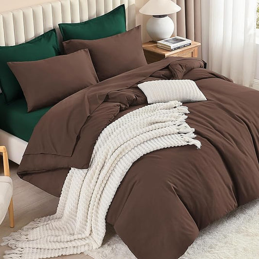 Litanika Queen Comforter Sets Brown Emerald Green- 7 Pieces Bed in a Bag Beddding Sets, Solid Lightweight Bed Set with Comforter, Sheets, Pillowcases & Shams