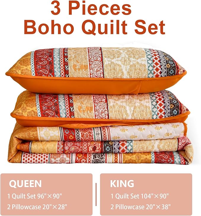 WONGS BEDDING Boho Stripe Quilt Set Queen Size, 3 Pieces Orange Bohemian Quilt Sets, Lightweight Soft Microfiber Bedspread Coverlet Bedding Set for All Season (96"x90")