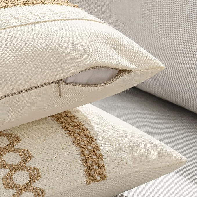 MIULEE Set of 2 Neutral Boho Decorative Lumbar Pillow Covers 12x20 Inch Farmhouse Rustic Couch Throw Pillows Modern Cotton Cushion Covers Retro Cute Macrame Woven Spring Home Decor for Bed Sofa Chair