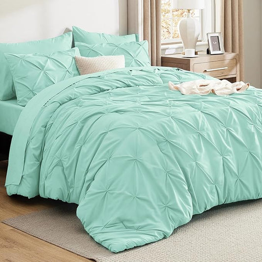 Bedsure Full Comforter Set Mint Green - Bed in a Bag Full Size Bedding Set 7 Pieces, GentleSoft™ Pintuck Bed Set Gift for Family, Pinch Pleat All Season Comforter with Sheets, Pillowcases & Shams