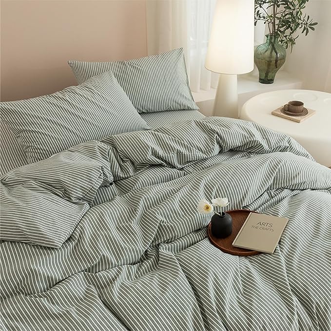 JIYUAN 100% Washed Cotton Striped Duvet Cover Set 3 Pieces Queen, 1 Duvet Cover and 2 Pillowcases(Comforter Not Included),Linen Like Comfy and Breathable,Pinstripes - Green White
