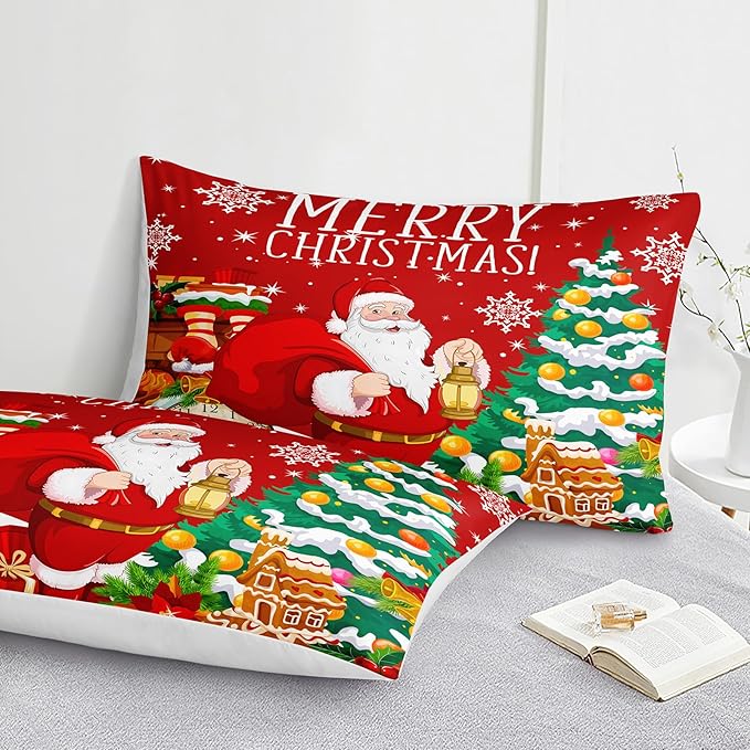 Red Christmas Comforter Set Santa Claus Bedding Set King Size Christmas Tree Decor Happy New Year Festival Theme Bedding Quilt Boys Girls Xmas Gifts Soft Lightweight Quilted Comforter 4 Pcs
