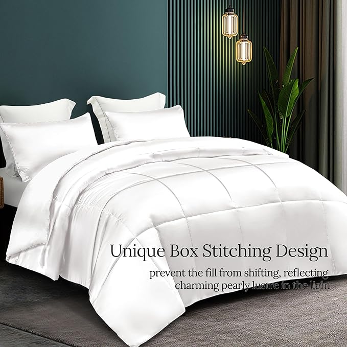 Whale Flotilla 2-Piece Reversible Silky Soft Twin Size Comforter Bedding Set, Luxurious Satin Comforters with Satin Pillowcase, Lightweight Duvet for All Seasons, White