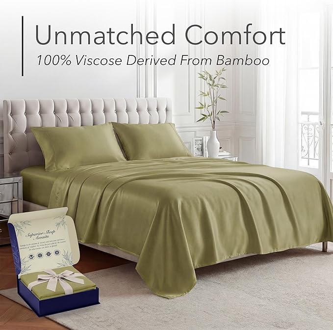 DECOLURE 100% Viscose Derived from Bamboo Sheets Full Size - Luxury 4 Pc Naturally Cooling Sheets, Ultra Soft Bed Set - Deep 17" Pockets, Durable Double Stitching, Oeko Tex Standard (Light Olive)