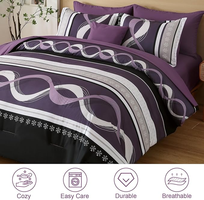 Anibedding Boho Comforter Set,8 Pieces Bed in a Bag Patchwork Striped Comforter Set,Purple Bed Set Queen Size,Soft Microfiber Boho Bedding Set for All Season(90"×90")