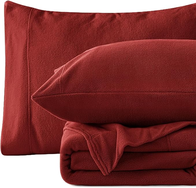 Love's cabin Fleece Twin Sheet Set - 3 Pcs Red Super Soft Plush Polar Fleece Bed Sheets Set with 16" Deep Pocket,Cozy Warmth for Cold Season(1 Flat Sheet,1 Fitted Sheet,1 Pillow Case)