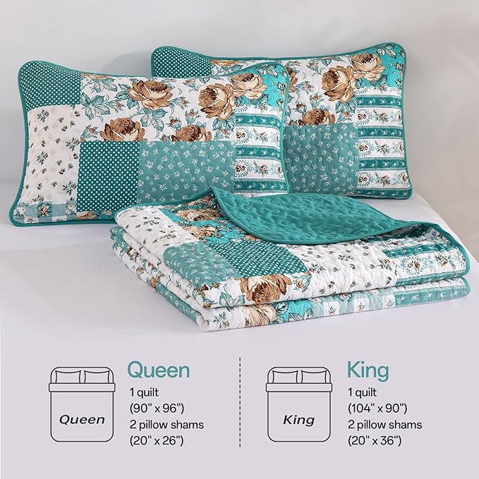 Anibedding Teal Quilt Set Queen Size Patchwork Floral Bedspread Coverlet, Soft Microfiber Farmhouse Boho Quilted Bedding Set, Teal Plaid Rustic Bed Cover for All Season 96''x90''