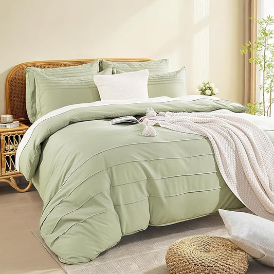 NEXHOME PRO 100% Washed Cotton Duvet Cover Twin,Linen Like Pleated Textured Sage Green Duvet Cover Set,2pc Organic Bedding Set with Zipper Closure,Soft,Lightweight Breathable(68"x90", No Comforter)
