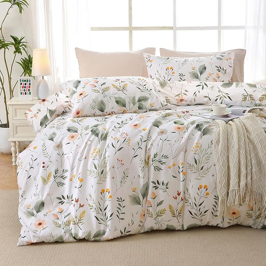 MUXHOMO Garden Leaves Bed in a Bag King 7 Pieces, King Comforter Set Reversible Botanical Flowers Design, Ultra Soft & Breathable Bedding Sets with Comforter, Sheets, Pillowcases & Shams