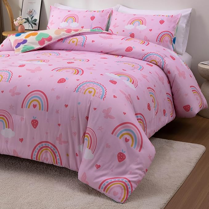 Btargot Lightweight Soft 3 Piece Rainbow Comforter Set with 2 Pillow Covers, Cartoon Butterfly Leaves Flowers Bedding Set for Girls Boys Kids, Twin Pink