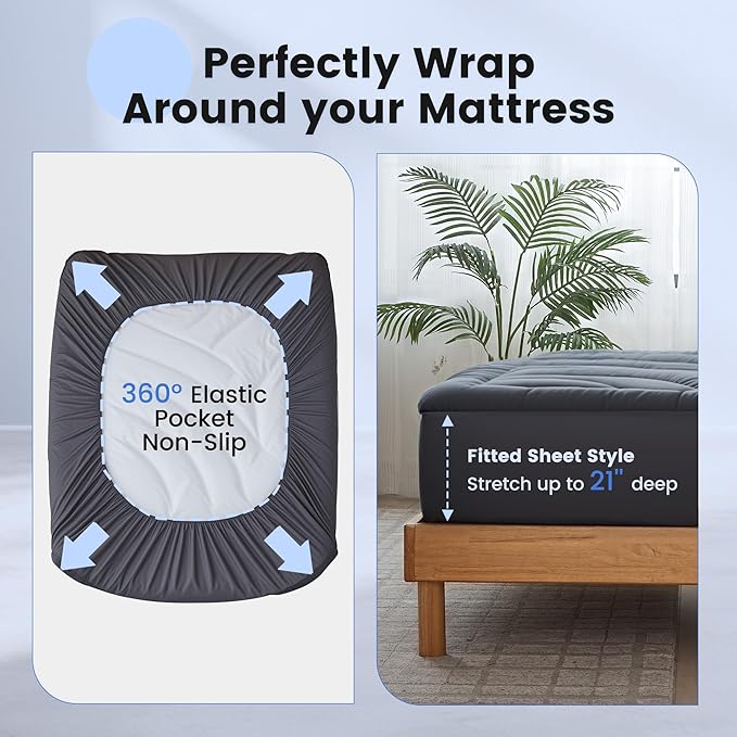 Waterproof Mattress Pad Twin, Quilted Fitted Twin Mattress Topper, Five-Layers Noiseless Mattress Protector Cover with 8"-21" Deep Pocket, Machine Washable, Grey, 39x75