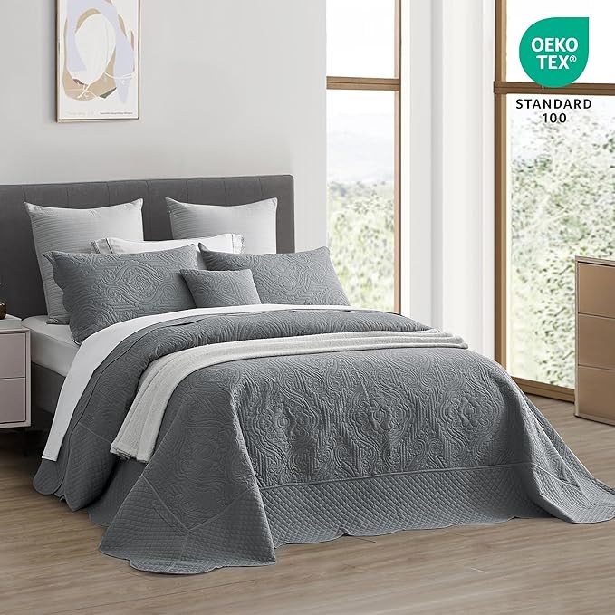 HZ & HY Oversized King Bedspread, Ultrasonic Coverlet Bedding Set, Lightweight Thin Comforter, Reversible, 5 Piece, 100% Microfiber, Grey