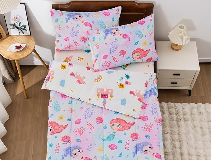 Meeting Story 3pcs Kids Comforter Sets Zipper Bedding Set for Girls,Twin Kid Bedding Set Mermaid Rainbow Comforter for Kid,All in one Zipper Bedding（Pink Yellow,Twin）