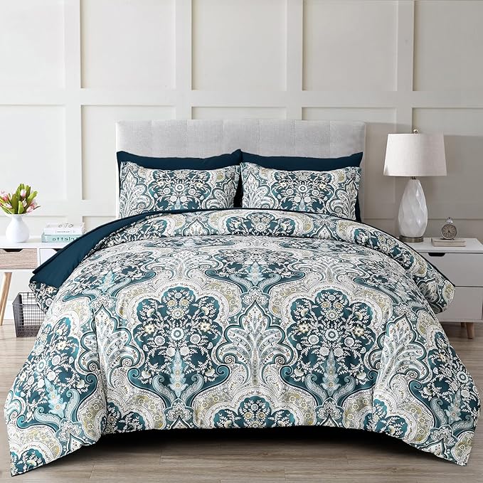 Drucon Boho Comforter Set Queen Size, 7 Pieces Bed in a Bag Paisley Comforter, Soft Lightweight Microfiber Bedding Set (1 Comforter, 1 Flat Sheet, 1 Fitted Sheet, 2 Pillow Shams, 2 Pillowcases)