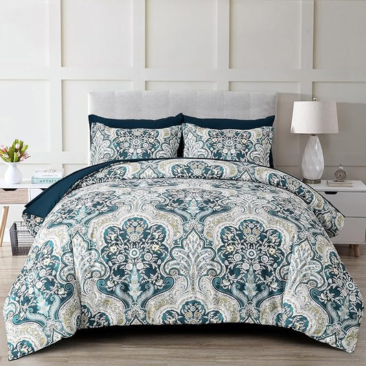 Drucon Boho Comforter Set Queen Size, 7 Pieces Bed in a Bag Paisley Comforter, Soft Lightweight Microfiber Bedding Set (1 Comforter, 1 Flat Sheet, 1 Fitted Sheet, 2 Pillow Shams, 2 Pillowcases)